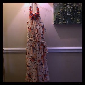 Midi floral dress with Pom Pom neckline, Low back